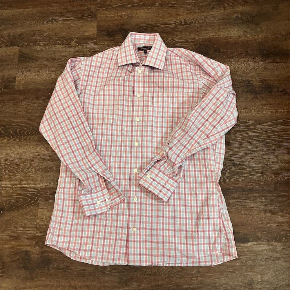 Santorelli Men's Dress Shirt Size 15.5 Pink Blue White Plaid Long Sleeve